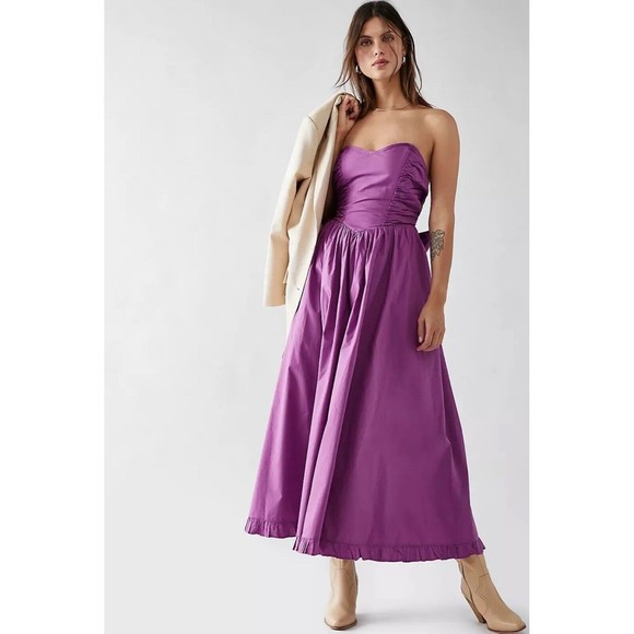 Free People Women Cohen Preppy Purple Smocked Cotton Boho Maxi Dress Size L NWT - Picture 1 of 13